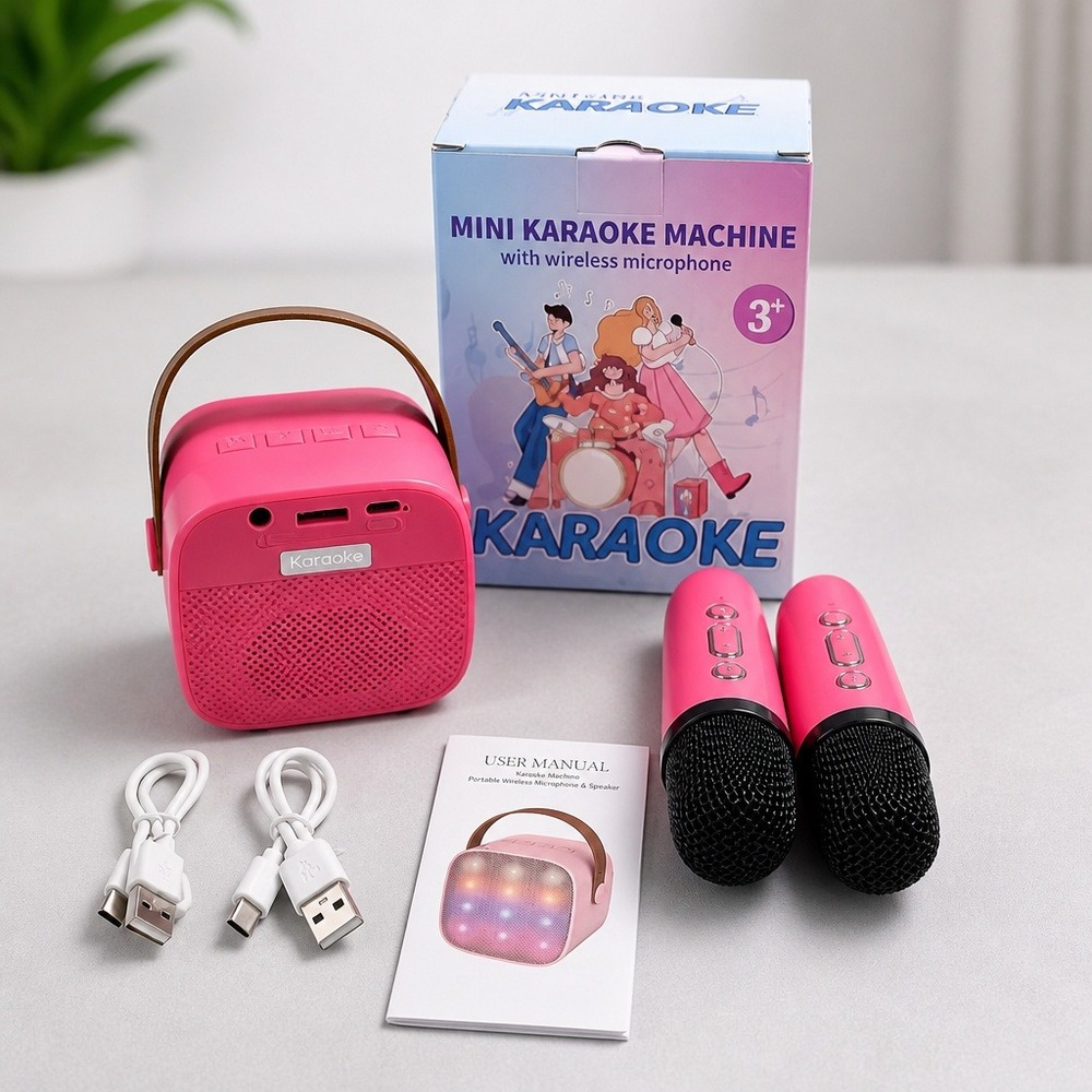 K-1 Mini Karaoke Machine with 2 Wireless Microphones Pink Kids Portable Speaker